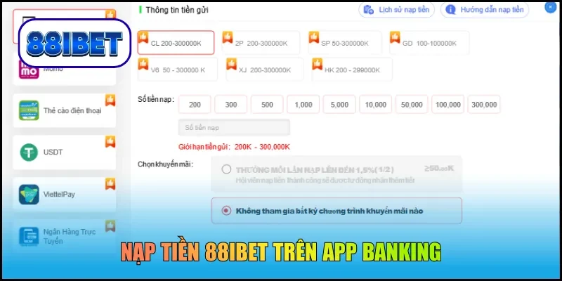 Nạp tiền 88IBET trên app banking